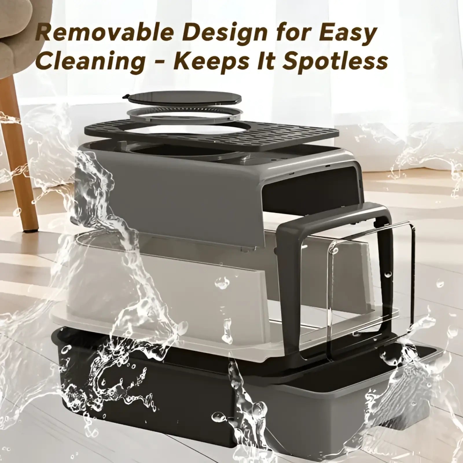 Gray and black multi-layered sifting cat litter box with removable components and drawer for easy cleaning and pet use