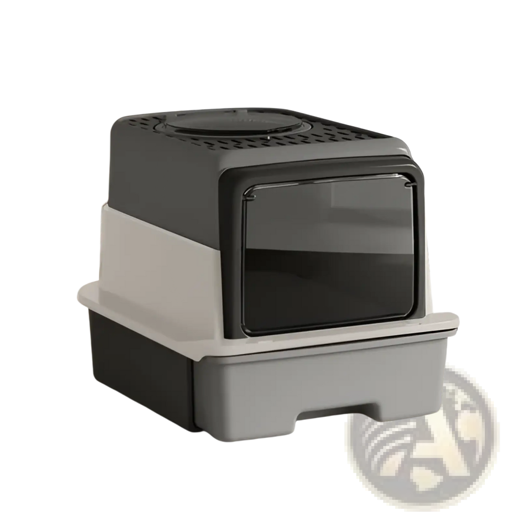 Gray and black two-tiered sifting cat litter box with drawer and transparent front panel for large pet use