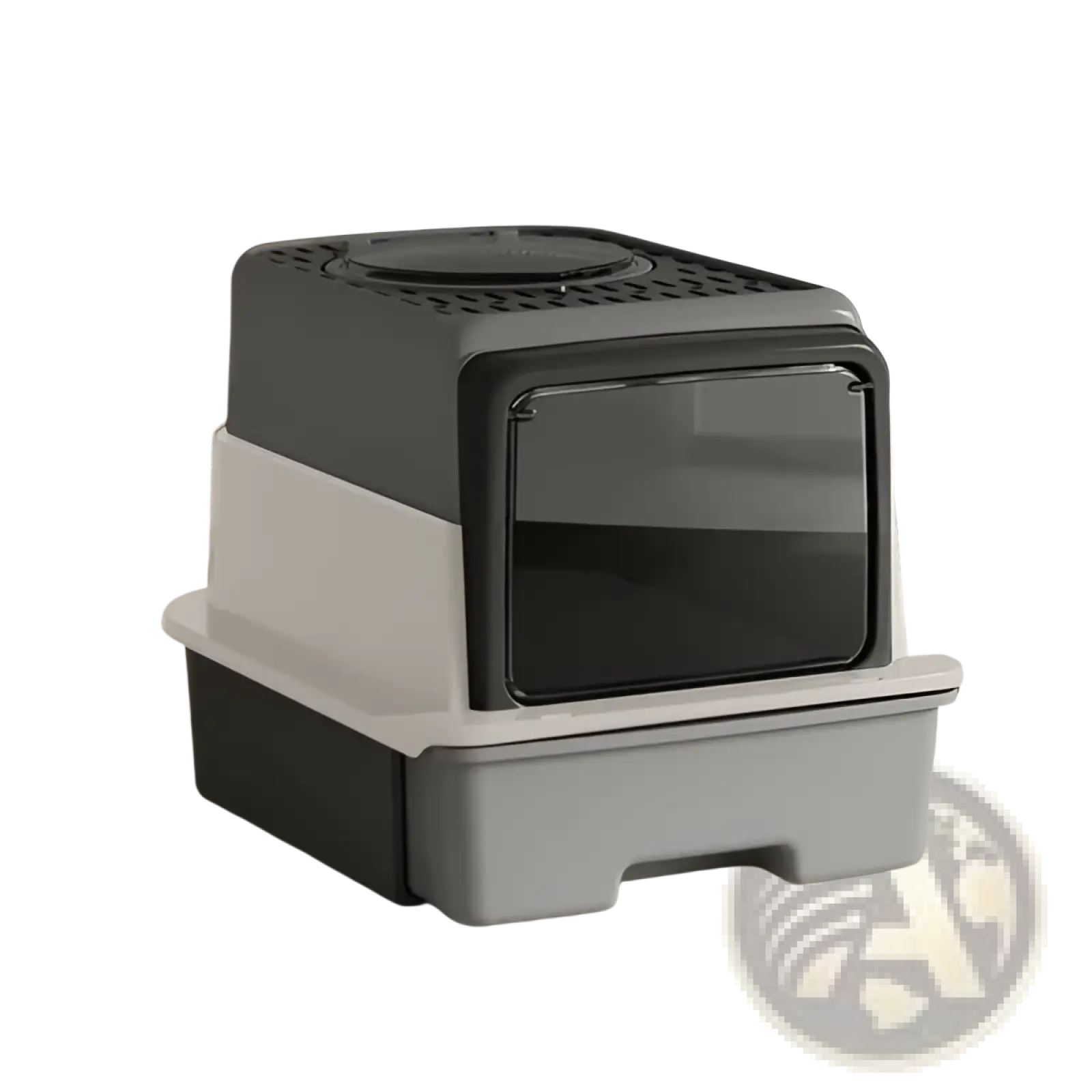 Gray and black two-tiered sifting cat litter box with drawer and transparent front panel for large pet use
