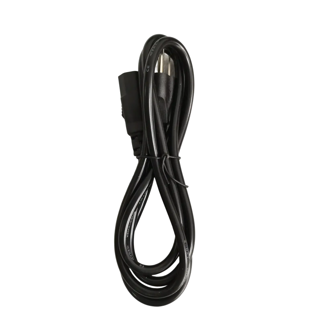 Black signal fire fusion splicer power adapter cord with three-prong plug and rectangular connector coiled on light surface