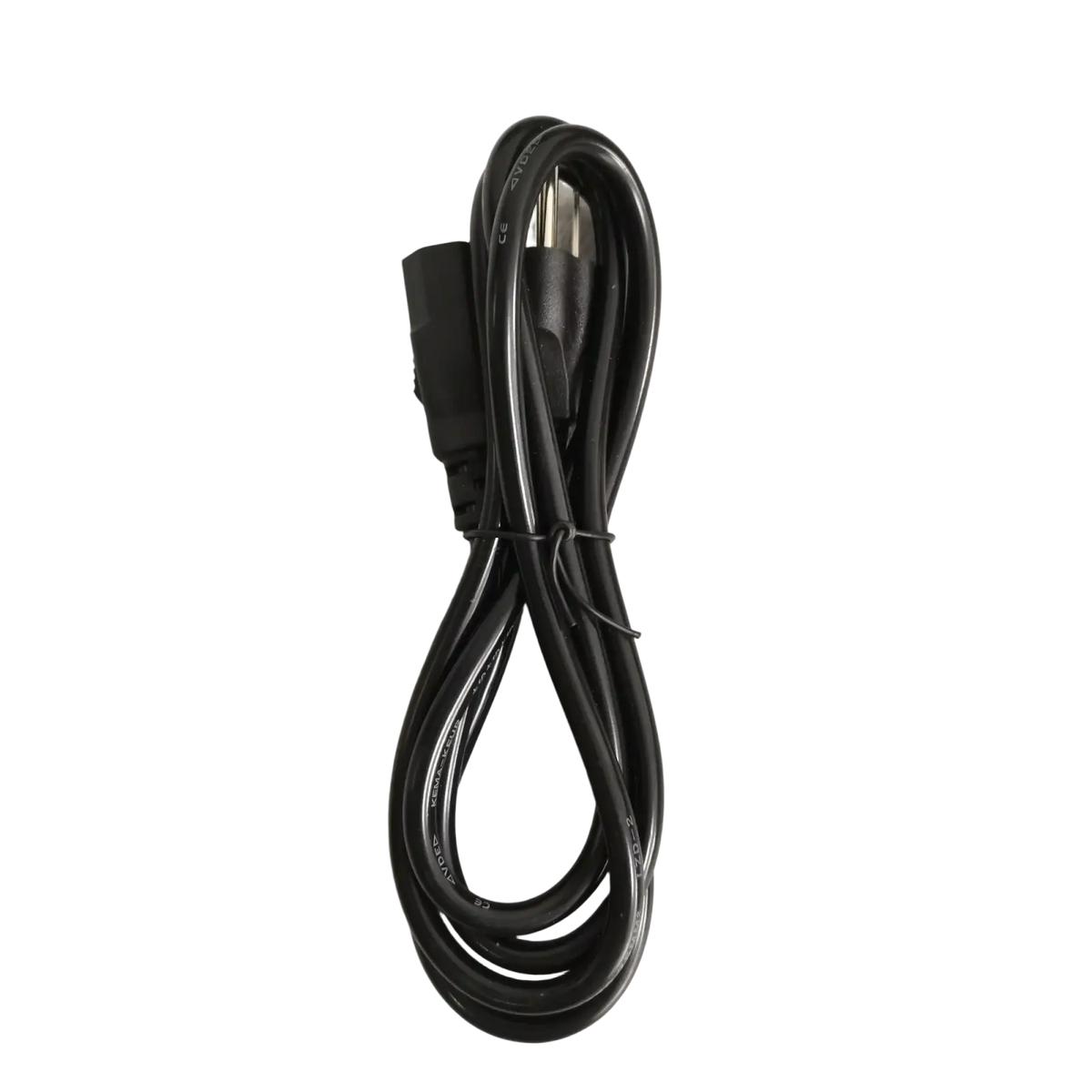 Black signal fire fusion splicer power adapter cord with three-prong plug and rectangular connector coiled on light surface