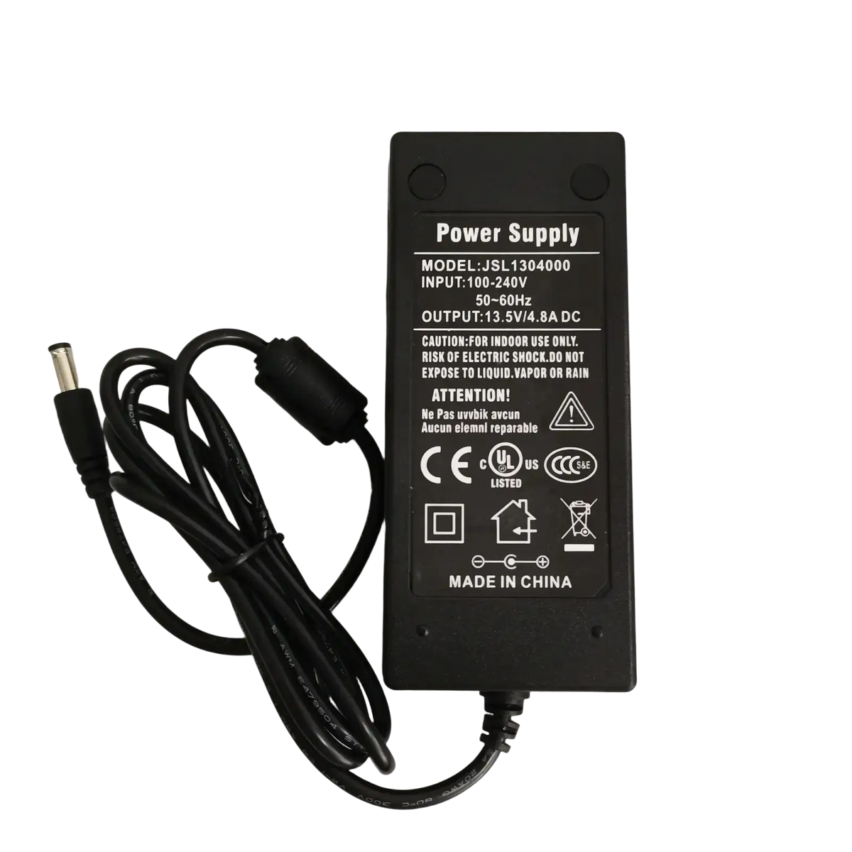 Black plastic signal fire fusion splicer power charger adapter with coiled cable and labeled specifications