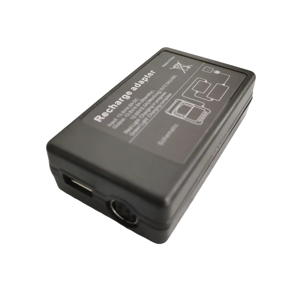 Black plastic signal fire fusion splicer power charger adapter with usb port and circular input jack backside view
