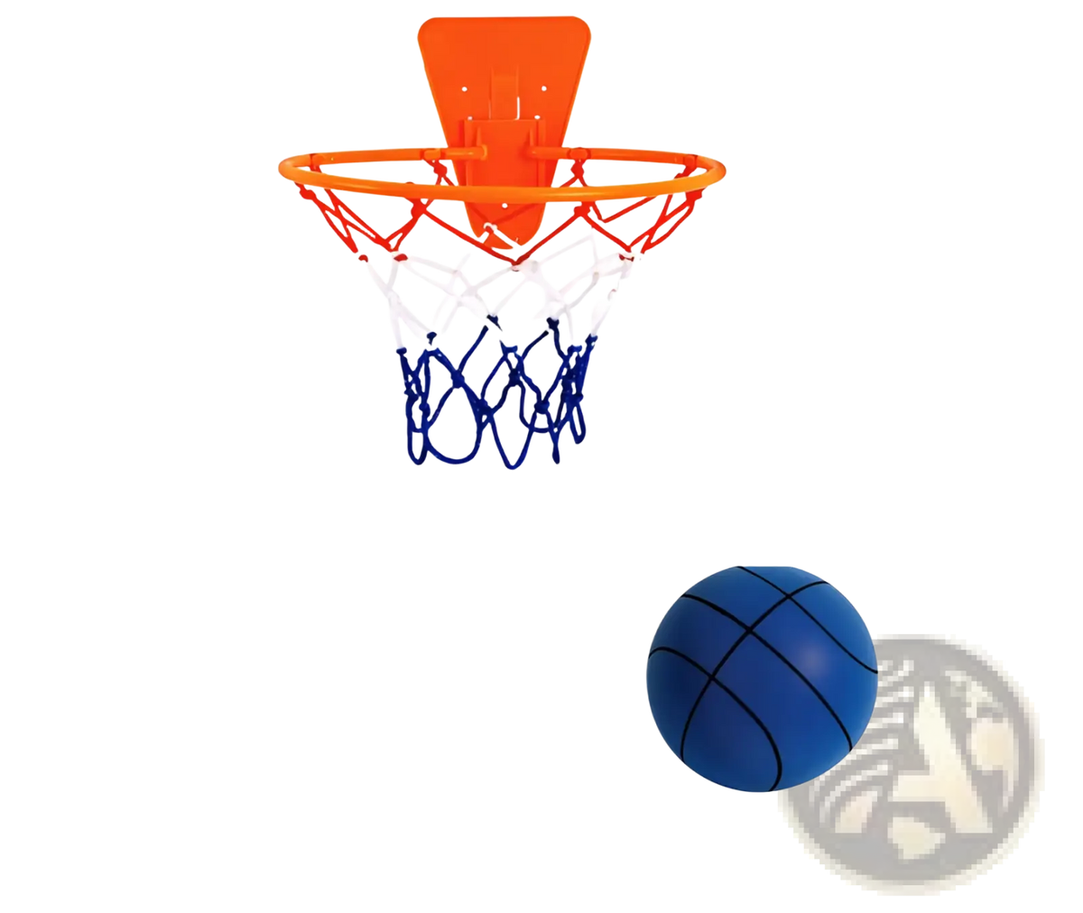 Orange plastic basketball hoop with white net and blue rim paired with blue rubber ball in silent basketball wall mounted set