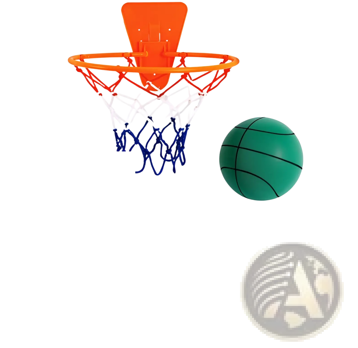 Orange plastic wall mounted silent basketball hoop set with white and blue net and green rubber ball for indoor use