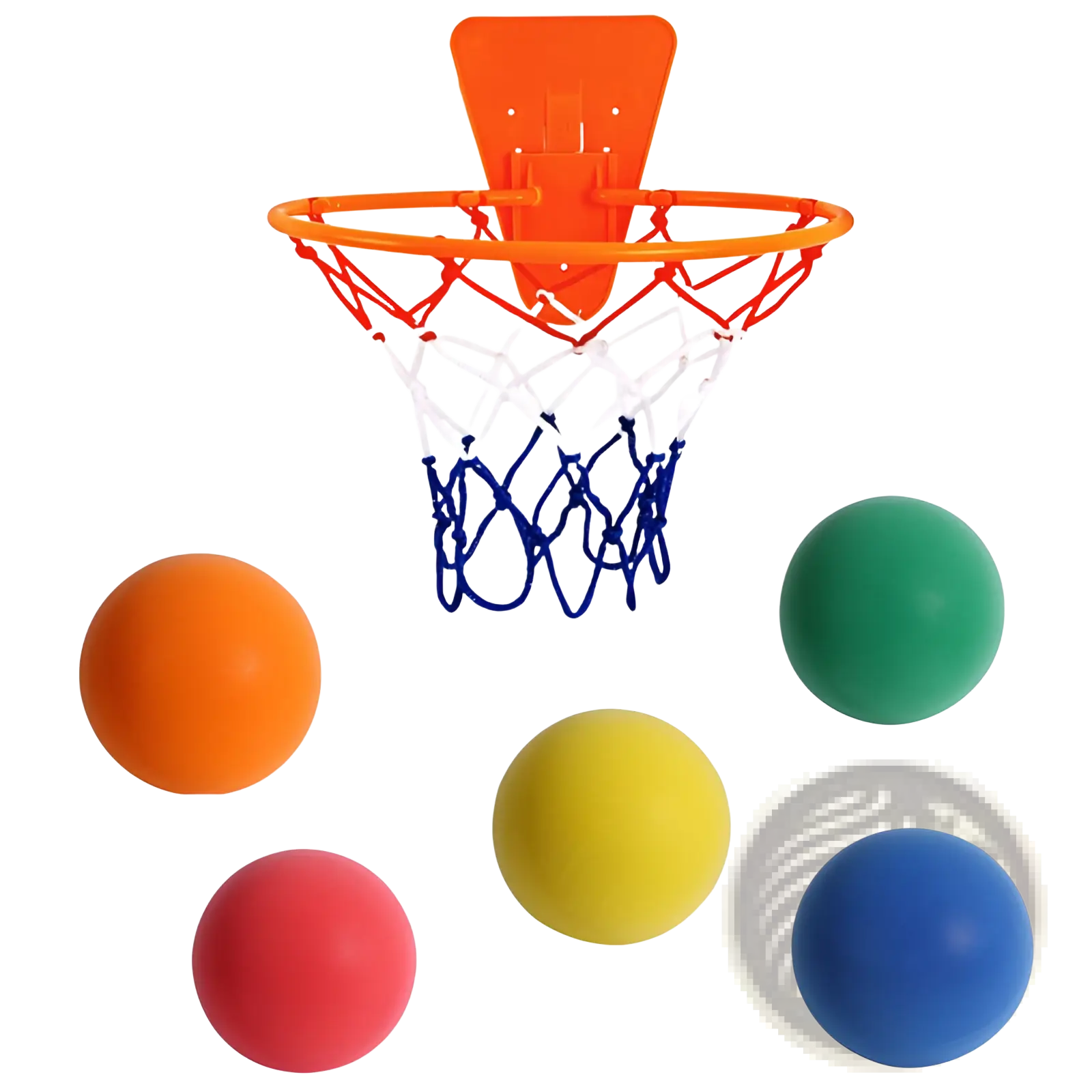 Silent basketball wall mounted hoop set with bright orange plastic hoop blue rim white net and five colorful foam balls