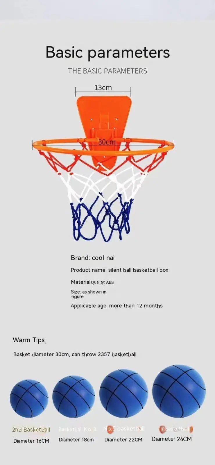 Orange and white plastic silent basketball hoop with a blue net wall mounted for indoor play and practice