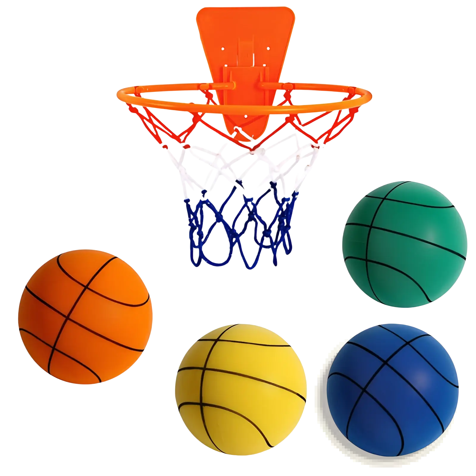 Orange plastic basketball hoop with white and blue netting in silent basketball wall mounted hoop set
