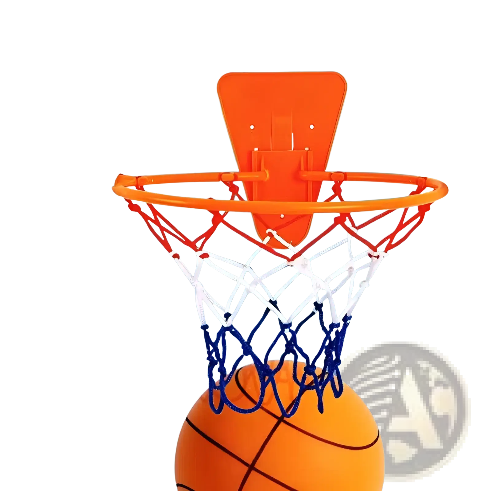 Orange plastic silent basketball hoop with white and blue net mounted on a light blue wall for indoor use