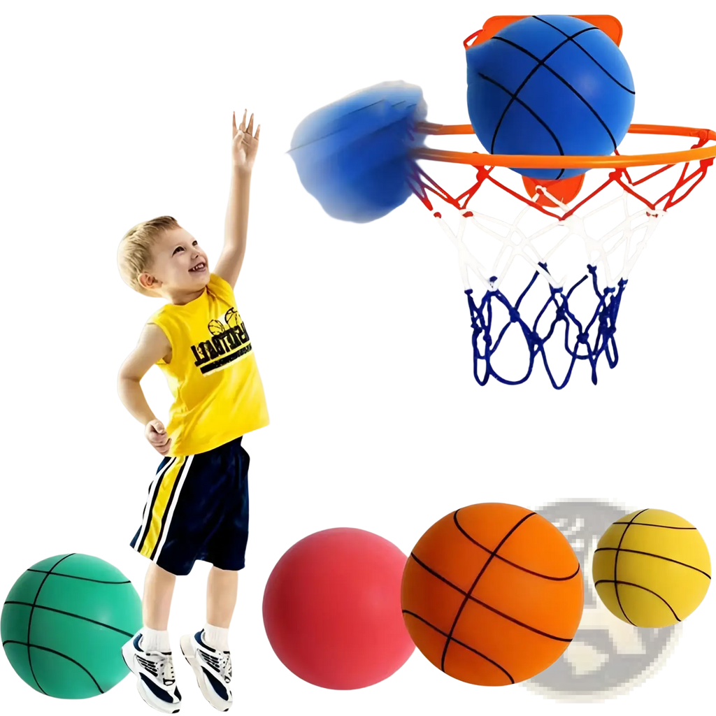 Silent basketball and wall mounted hoop set featuring an orange and blue backboard with a white net