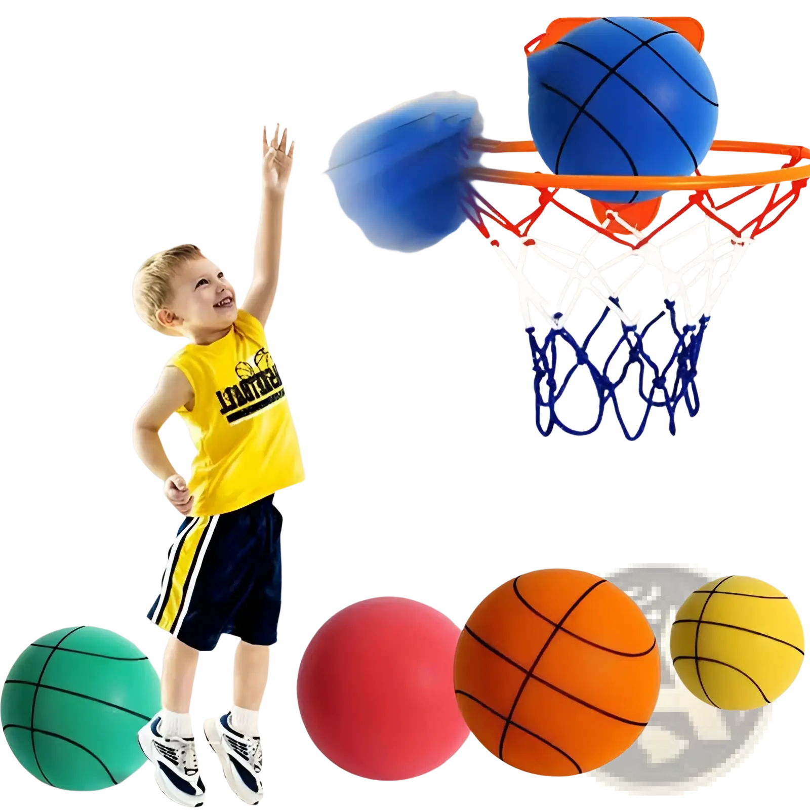 Silent basketball and wall mounted hoop set featuring an orange and blue metal hoop with a white net