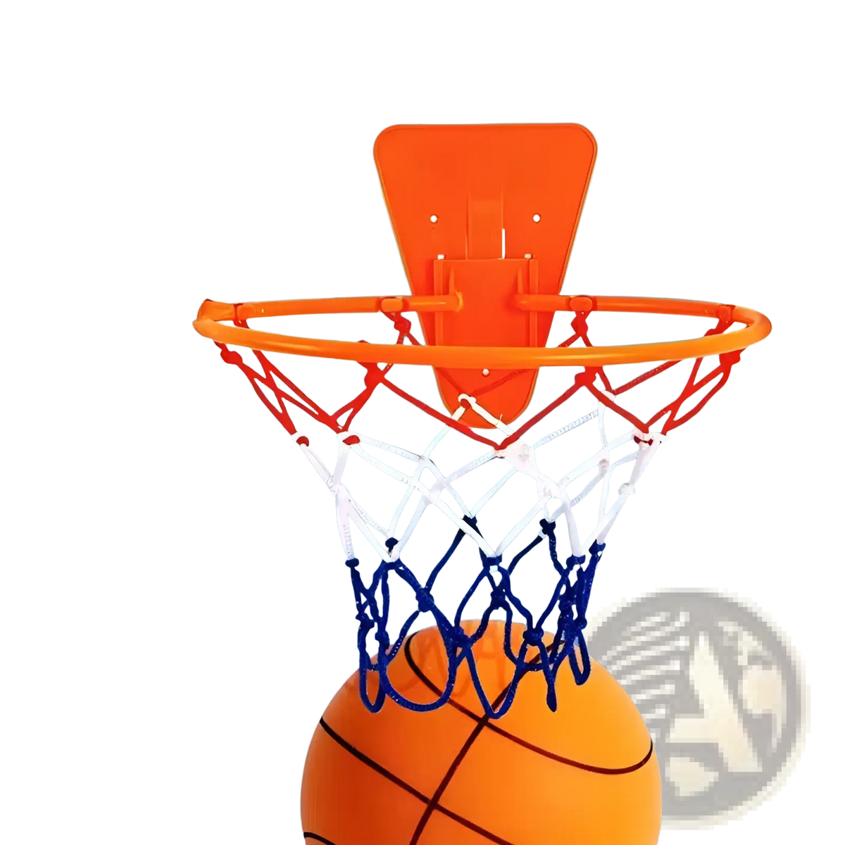 Silent basketball and wall mounted hoop set featuring an orange plastic hoop with a white and blue net on a light blue wall