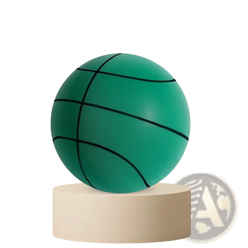 Teal foam basketball with black stitched lines designed for silent play in the Silent Basketball and Wall Mounted Hoop Set
