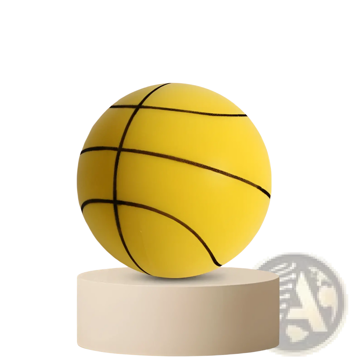 A bright yellow silent basketball with black stitched lines and a smooth rubber surface for wall mounted hoop set