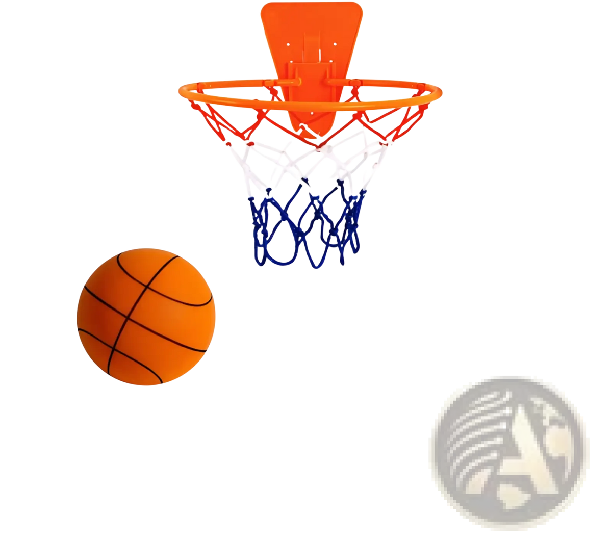 Orange plastic silent basketball hoop with white and blue net and textured orange ball wall mounted set