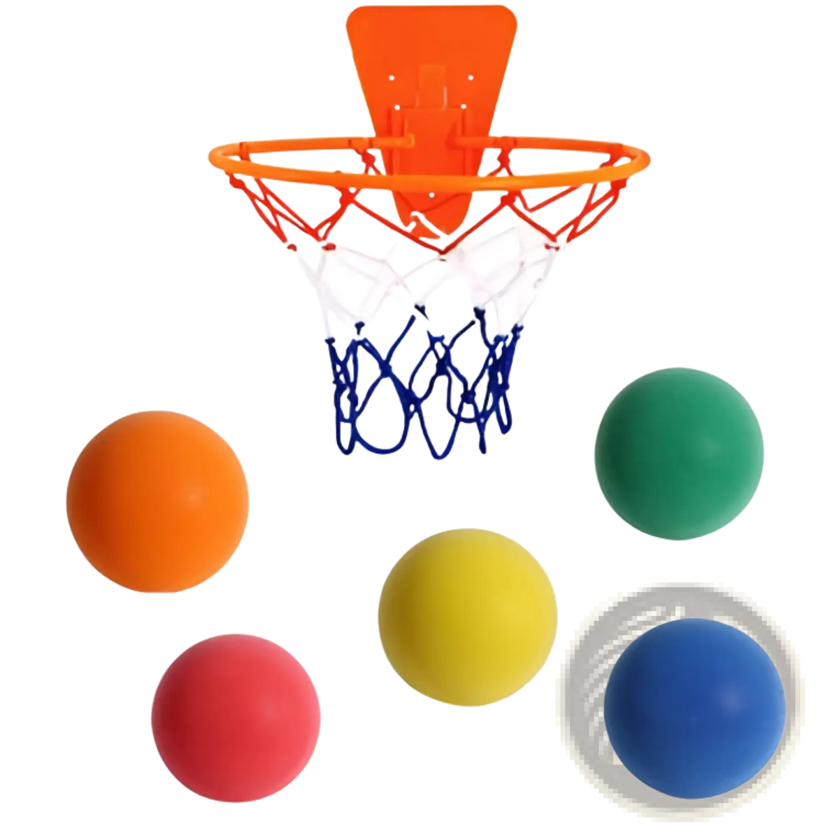 Silent basketball and wall mounted hoop set with orange plastic hoop, red net, blue strings, and five colorful foam balls