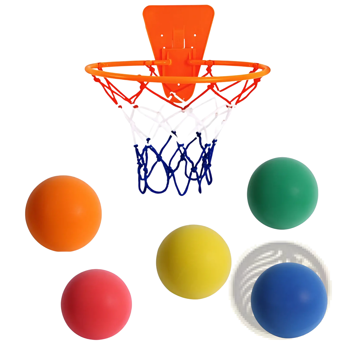 Silent basketball wall mounted hoop set with bright orange plastic hoop, white net, blue rim, and five colorful foam balls