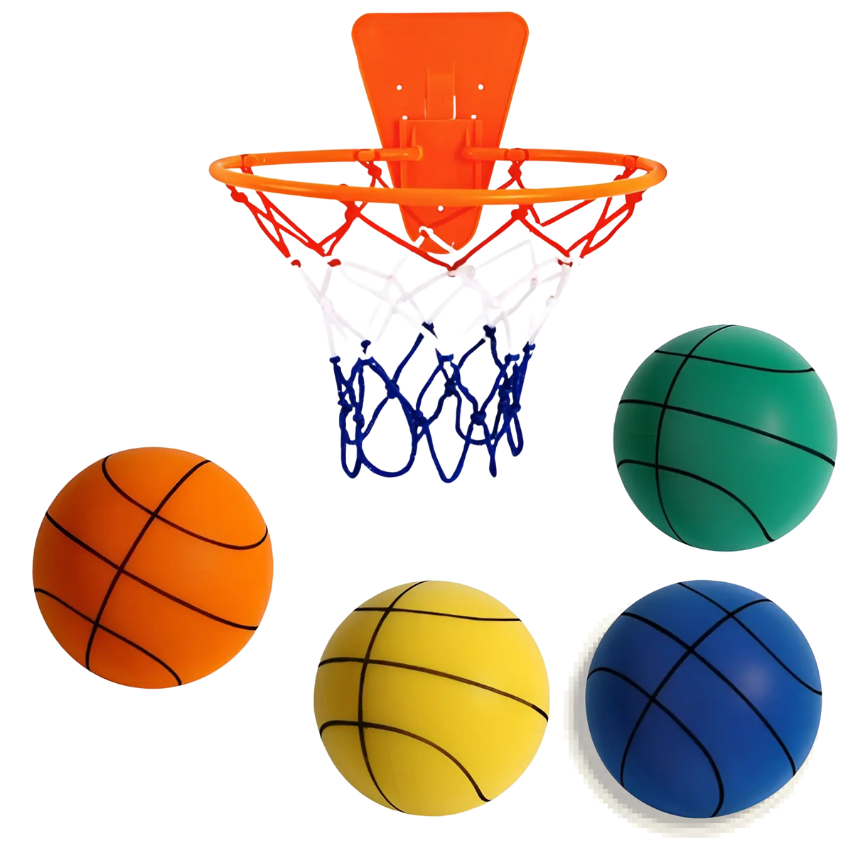Orange plastic silent basketball hoop with white and blue netting in wall mounted hoop set for indoor use