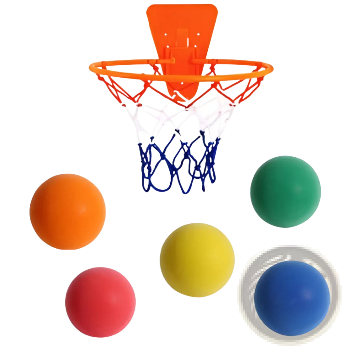 Orange plastic wall mounted basketball hoop with blue net and five colorful foam balls from silent basketball set