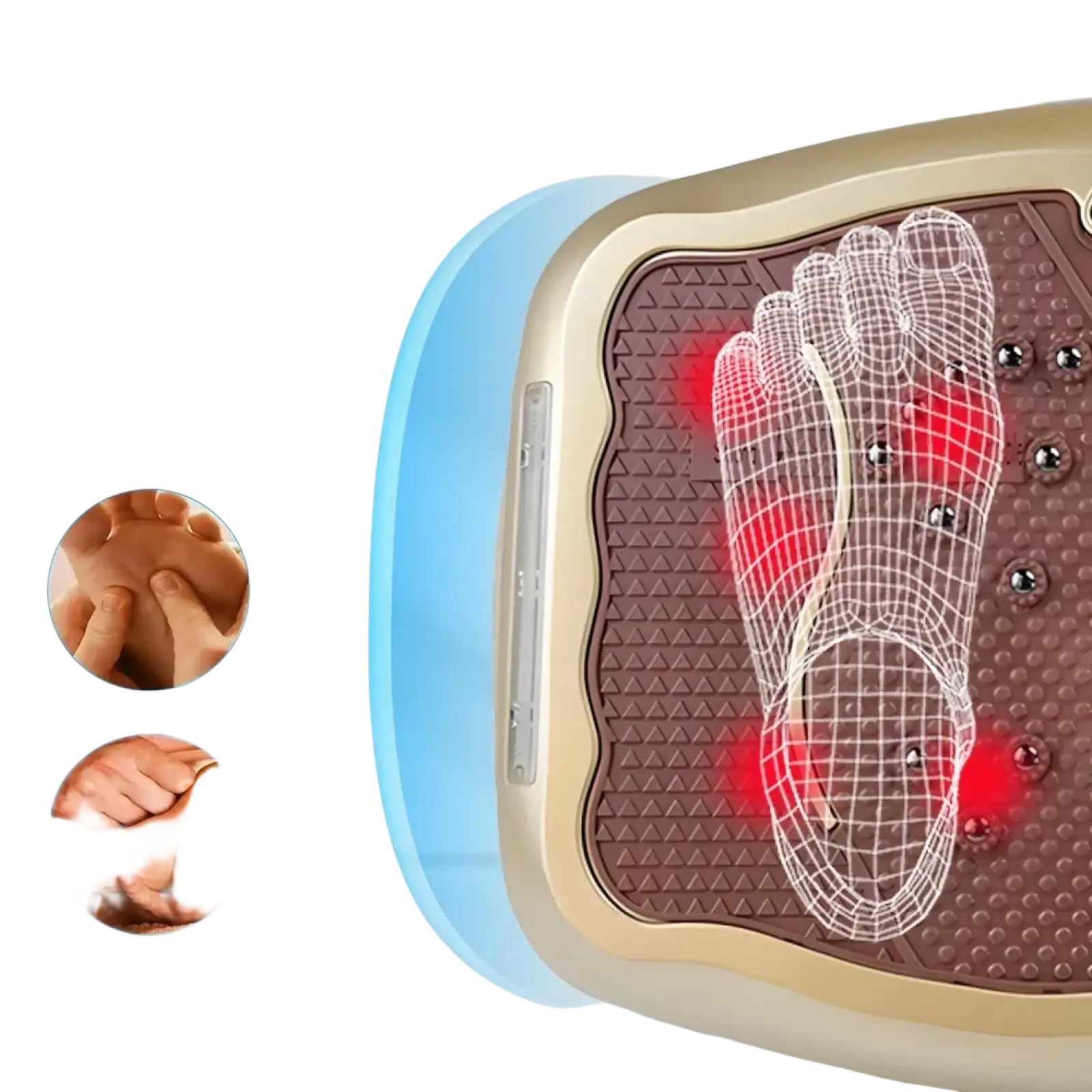Beige and brown silent vibration fitness plate with textured surface and embedded massage nodes for foot therapy