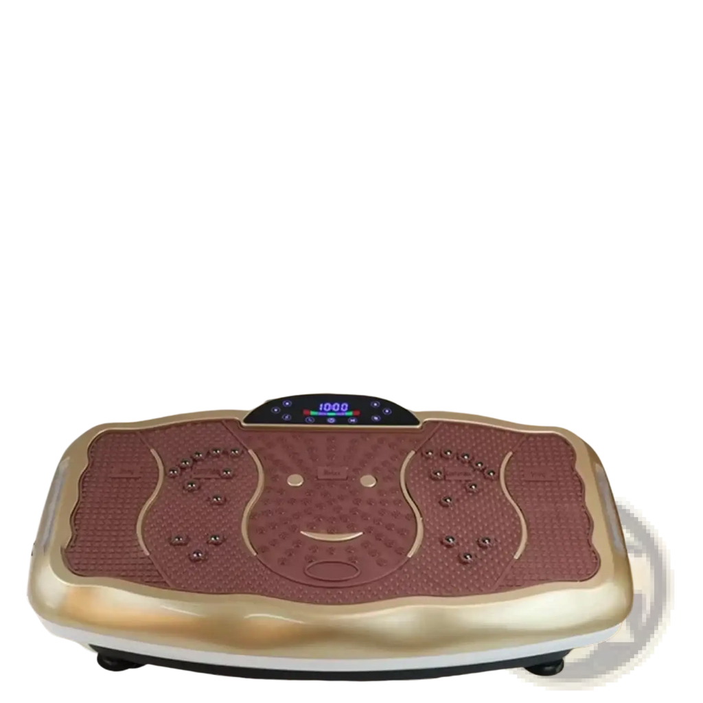Silent vibration fitness plate in brown and gold with a smiling face design for home workout use