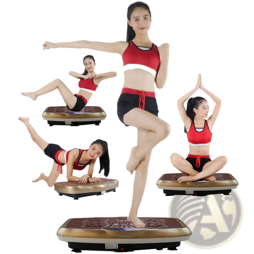 Silent vibration fitness plate with gold and black textured surface for home workout exercise routines