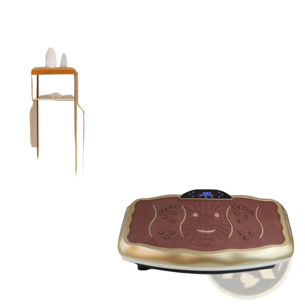 Gold and brown silent vibration fitness plate with smiling face design on mat for home workout use