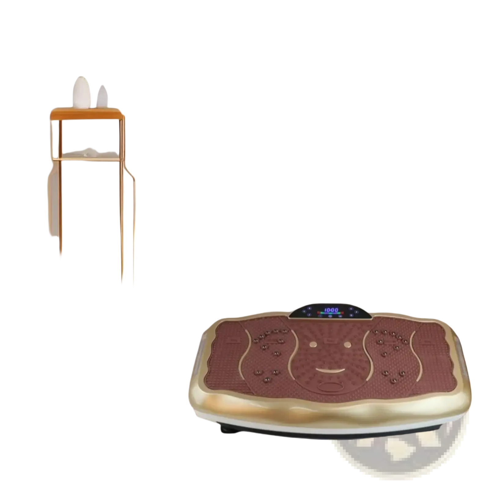 Gold and brown silent vibration fitness plate with smiling face design on mat for home workout use