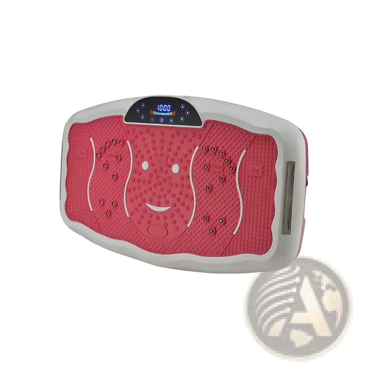 Silent vibration fitness plate for home workout in pink and white with a smiling face design on the surface