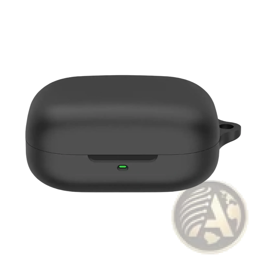 Black matte silicone airpods pro case protective cover with green power indicator light and side loop handle shown from the back