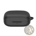 Black matte silicone airpods pro case protective cover with green power indicator light and side loop handle shown from the back