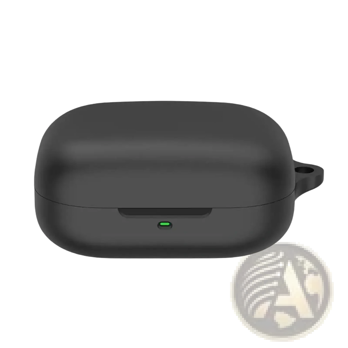 Black matte silicone airpods pro case protective cover with green power indicator light and side loop handle shown from the back