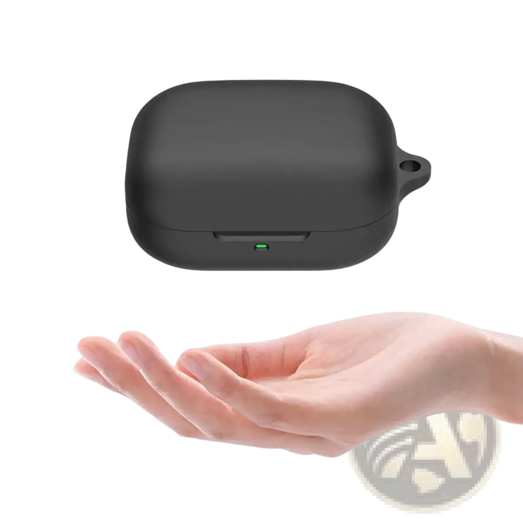 Black matte-finish silicone airpods pro case with green led indicator and looped handle for protective cover use