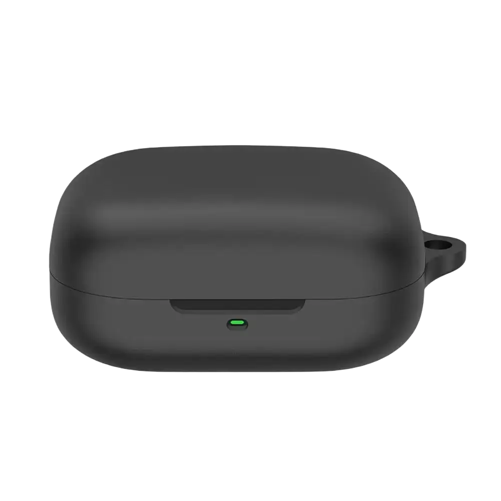 Black matte silicone airpods pro case protective cover with green power indicator light and side loop handle shown from the back