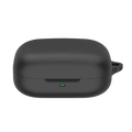 Black matte silicone airpods pro case protective cover with green power indicator light and side loop handle shown from the back