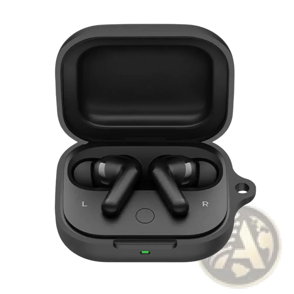 Black wireless earbuds in a matte silicone airpods pro case protective cover with l and r markings visible