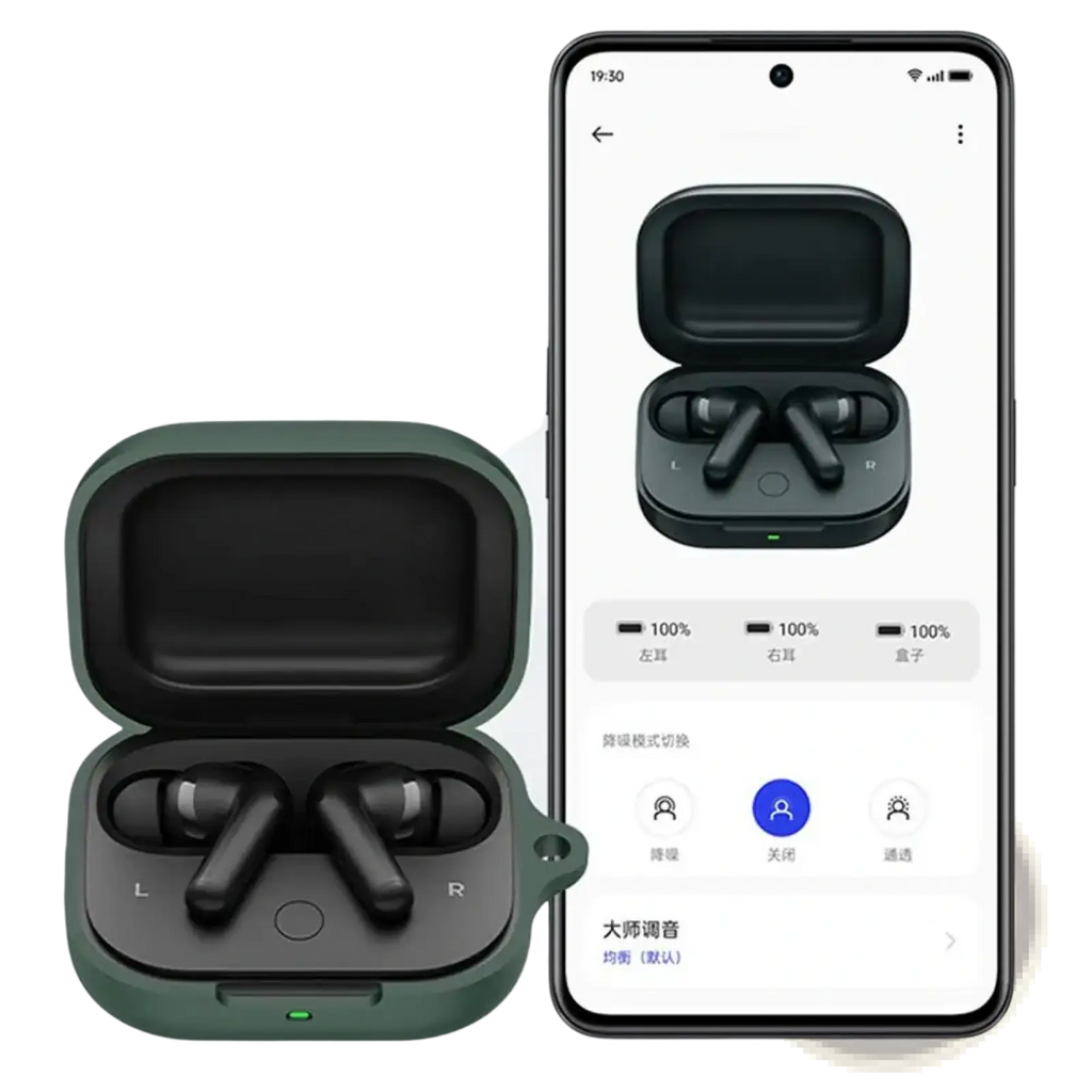 Silicone airpods pro case protective cover in matte green with black wireless earbuds and smartphone app interface displayed