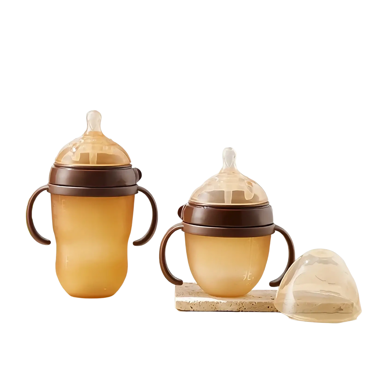 Silicone baby bottle 150ml with handle featuring brown and translucent silicone body with soft handles and clear nipples