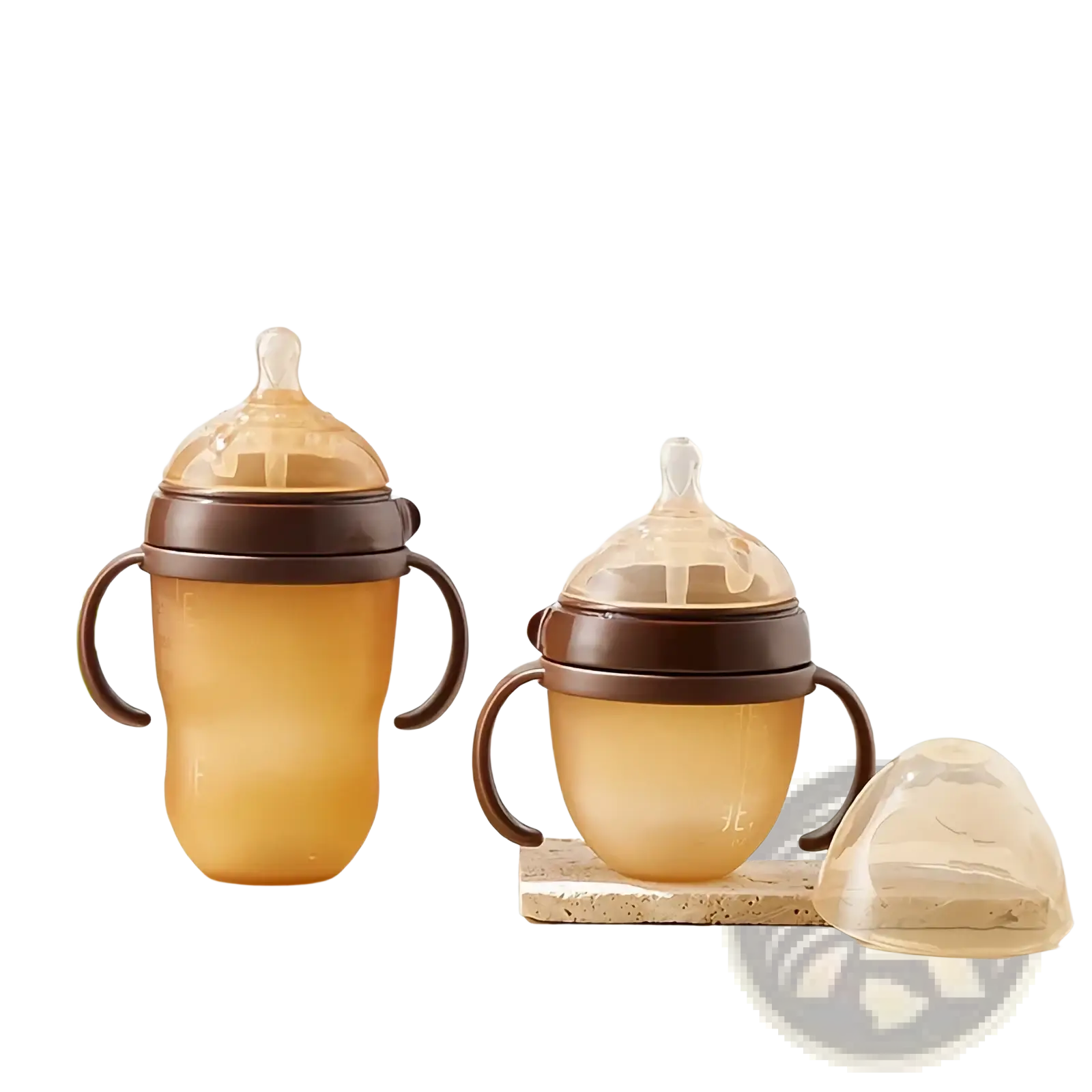 Silicone baby bottle 150ml with handle featuring brown and translucent silicone body with soft handles and clear nipples
