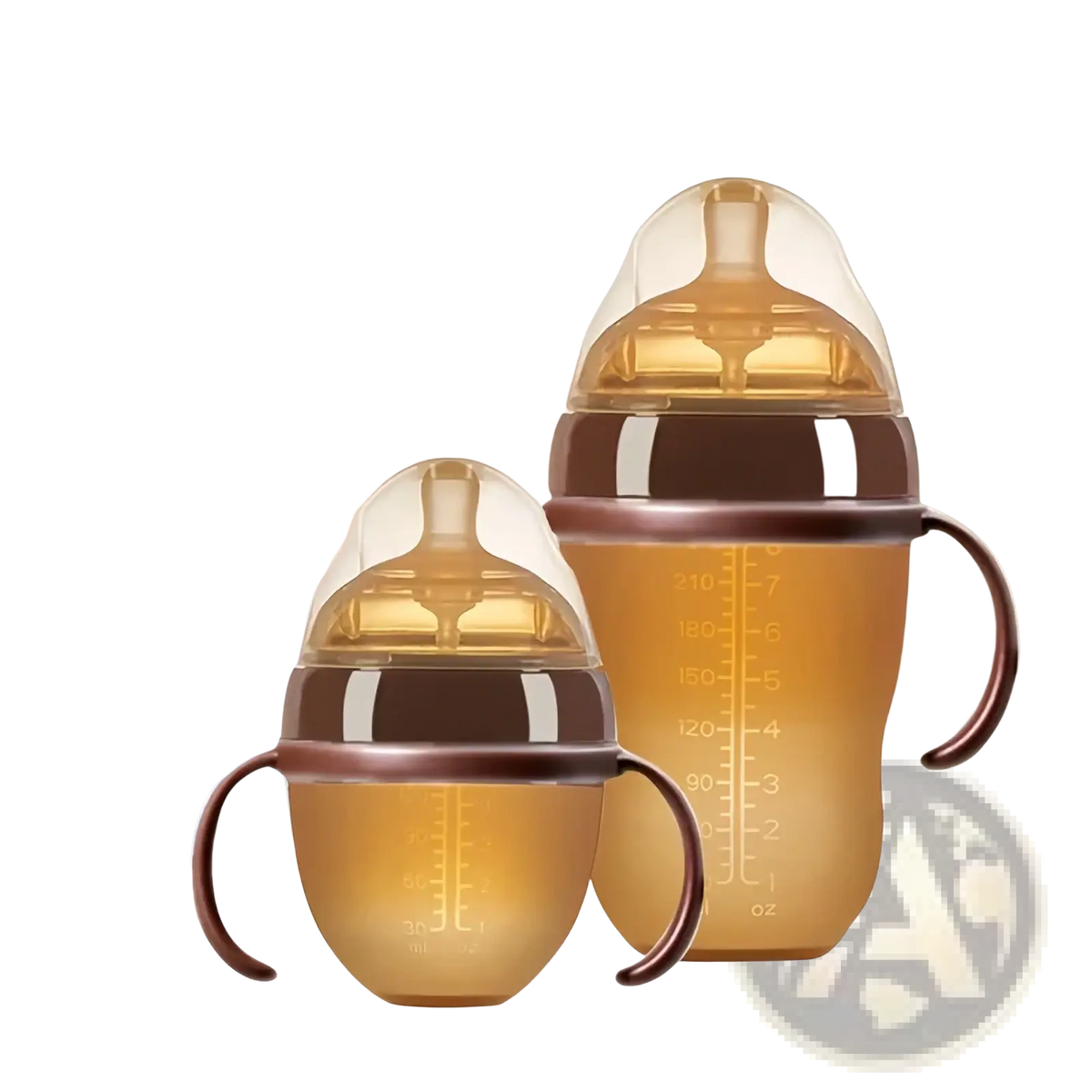 Silicone baby bottle 150ml with transparent amber body, brown handle, and measurement markings for feeding