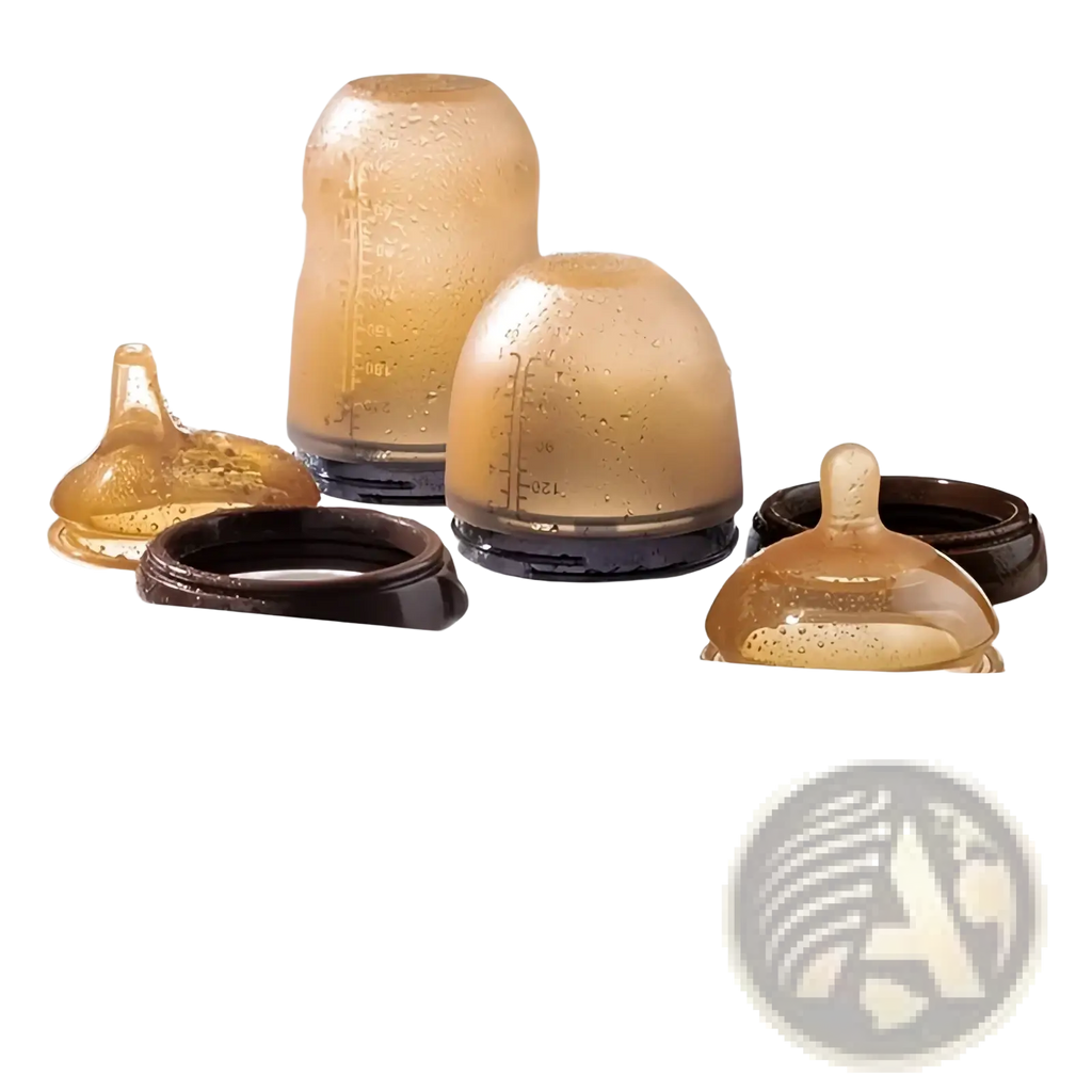 Transparent amber silicone baby bottle nipples with black bases arranged in a white steamer for 150ml bottles with handle