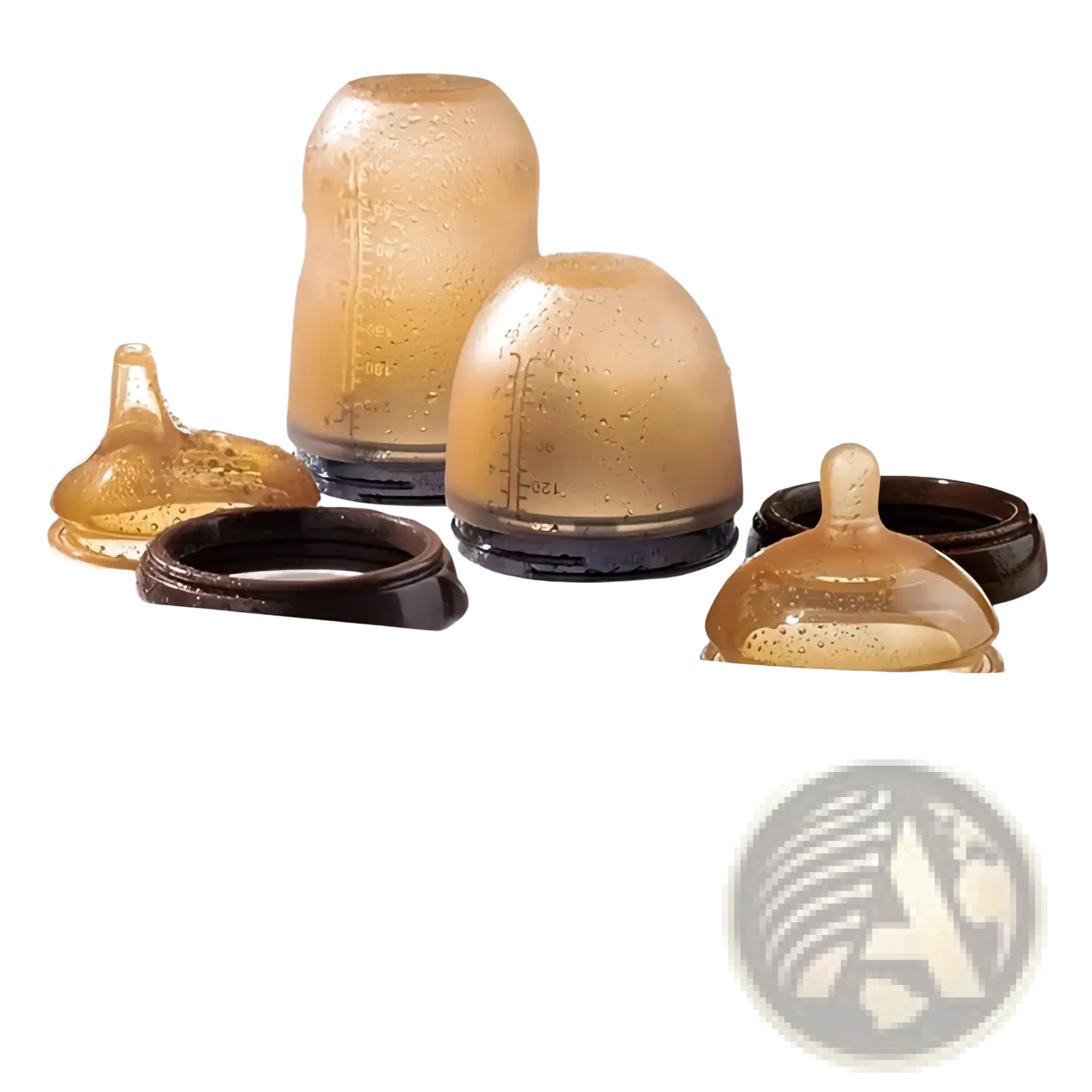 Transparent amber silicone baby bottle nipples with black bases arranged in a white steamer for 150ml bottles with handle