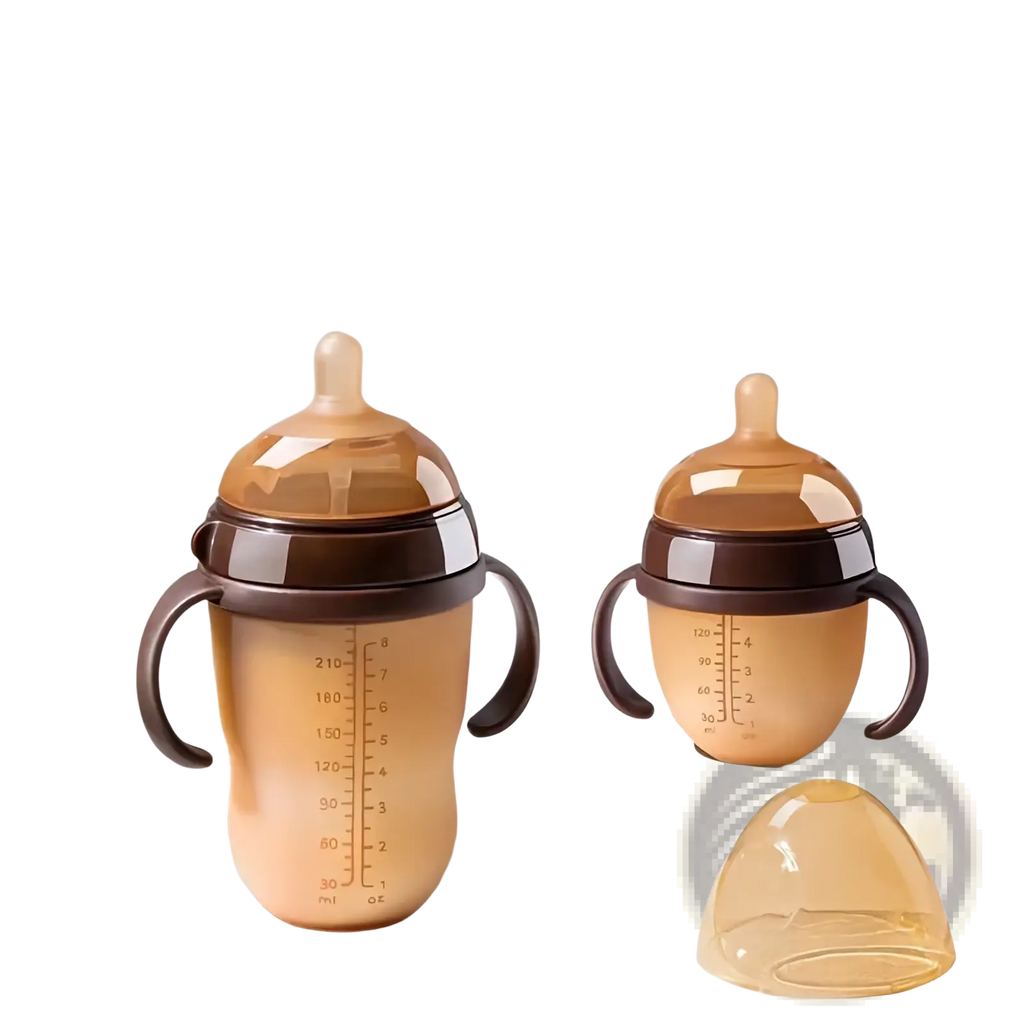 Transparent amber silicone baby bottle 150ml with dark brown handles and lid featuring ml and oz measurement markings