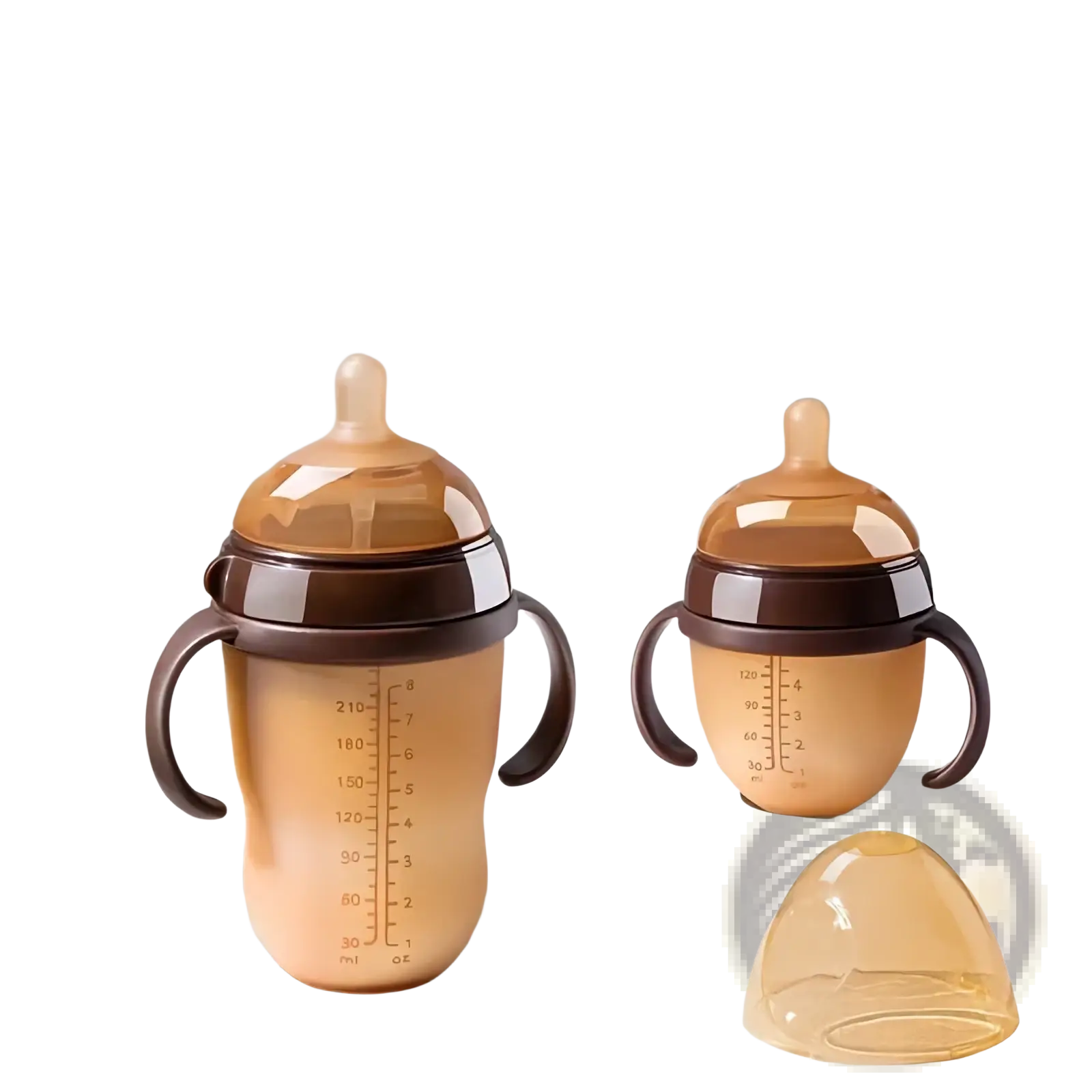 Transparent amber silicone baby bottle 150ml with dark brown handles and lid featuring ml and oz measurement markings