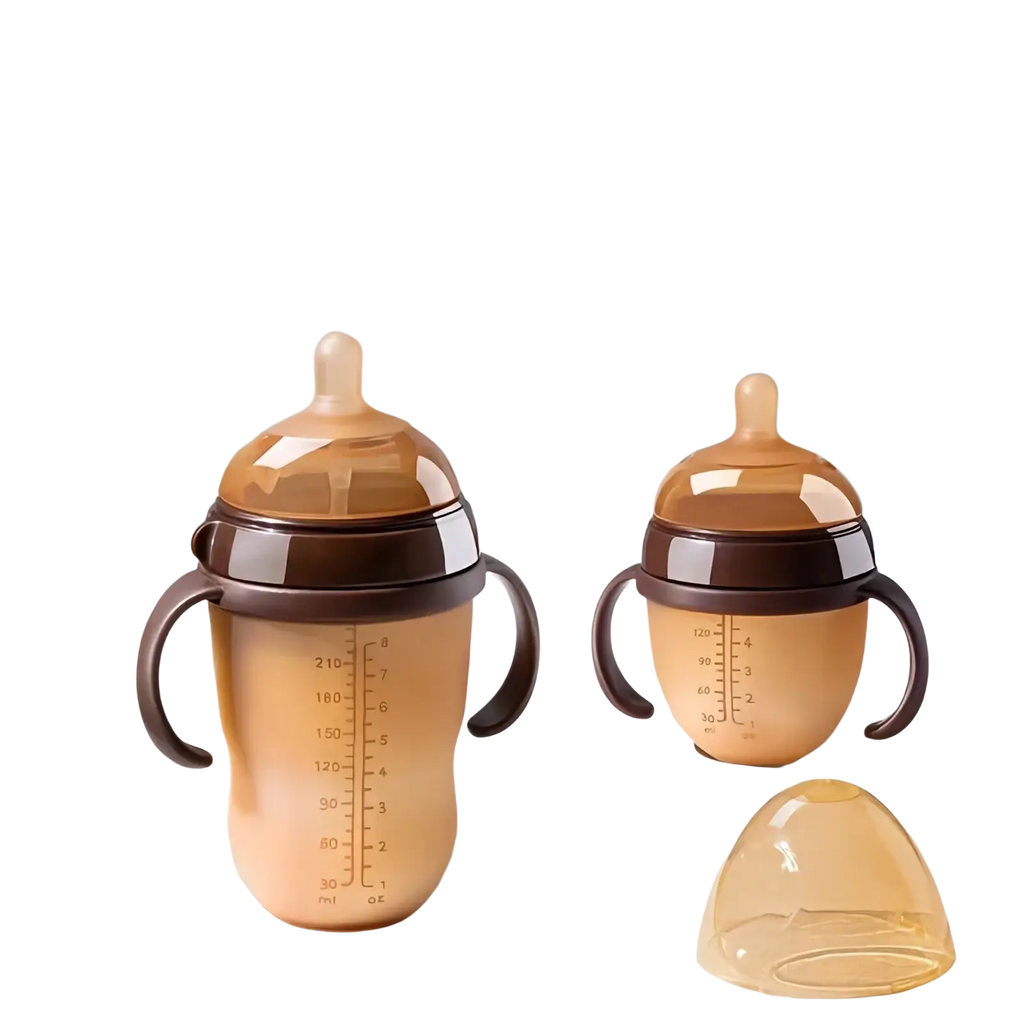 Transparent amber silicone baby bottle 150ml with dark brown handles and lid featuring ml and oz measurement markings