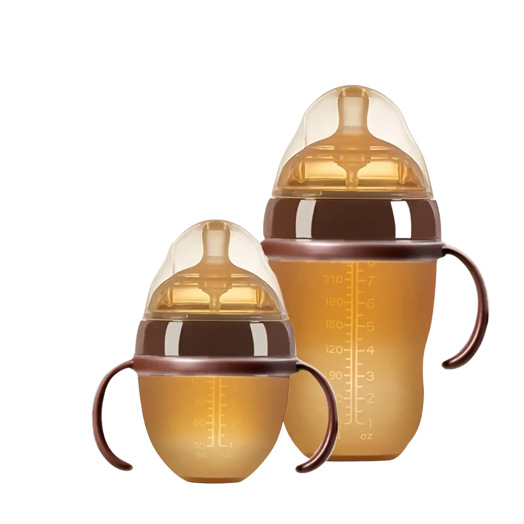 Silicone baby bottle 150ml with transparent amber body, brown handle, and measurement markings for feeding