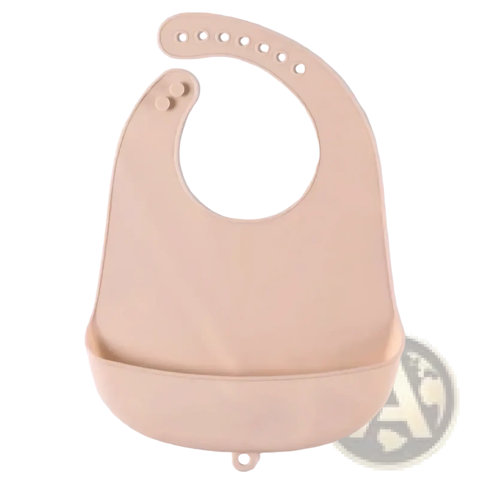 Beige silicone baby feeding bib with adjustable strap and snap closures for waterproof use