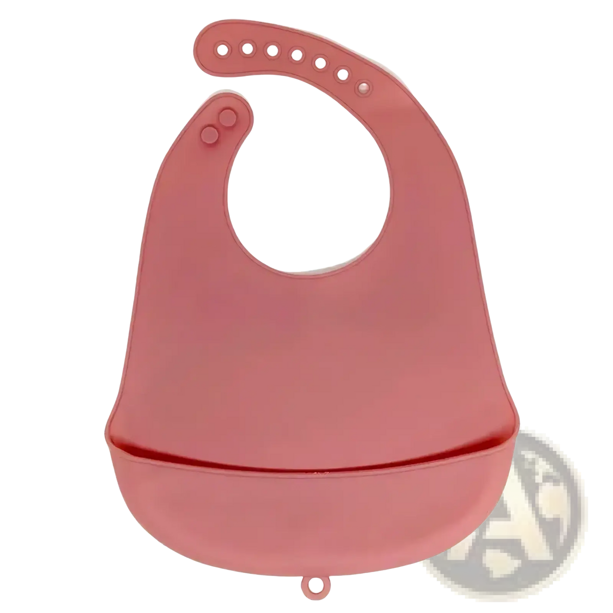 A sleek matte rose-pink silicone baby feeding bib with rounded neck and integrated tray for waterproof adjustable use