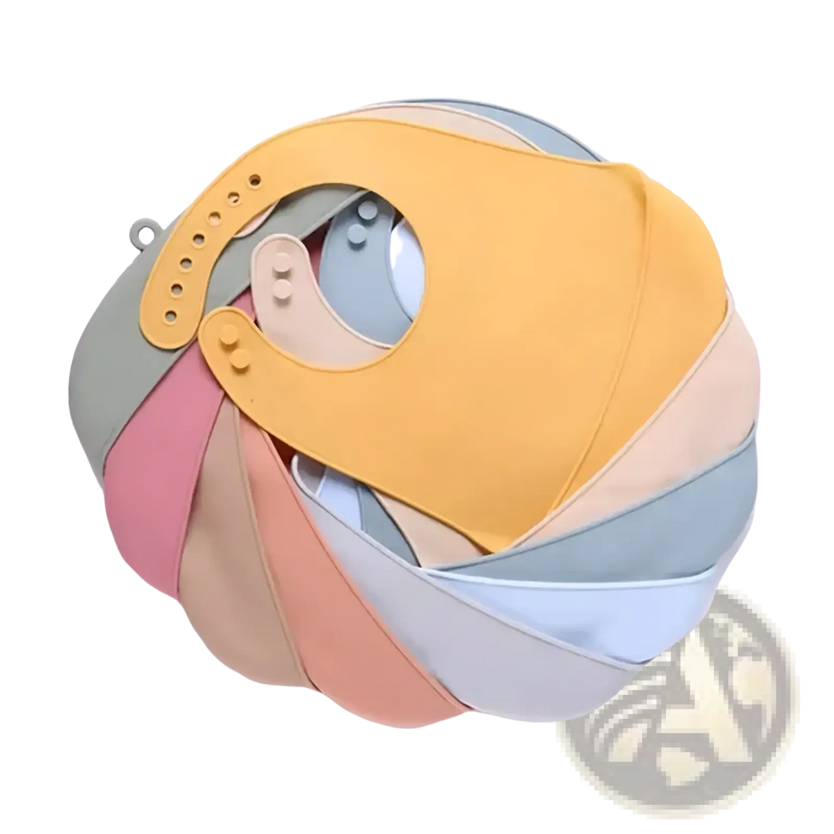 A collection of adjustable waterproof silicone baby feeding bibs in pastel beige, yellow, pink, peach, and gray tones
