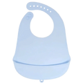 Light blue silicone baby bib with rounded neck opening and integrated food-catching tray for waterproof feeding